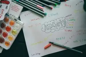 Hand-drawn worksheet with "Anxiety" in a thought bubble surrounded by colorful words, with markers and a watercolor set.